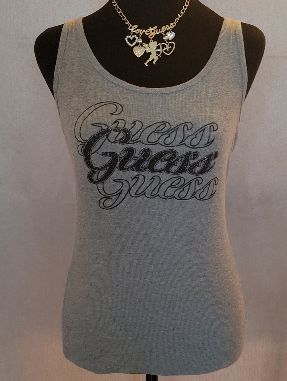 GUESS Gray Ribbed Logo Tank Top